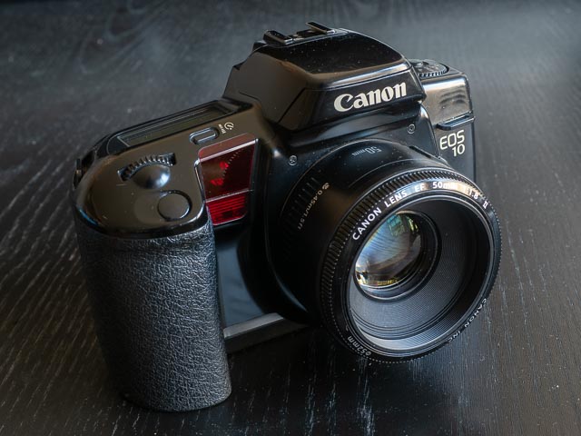 Canon EOS 10 with 50mm f/1.8 lens mounted