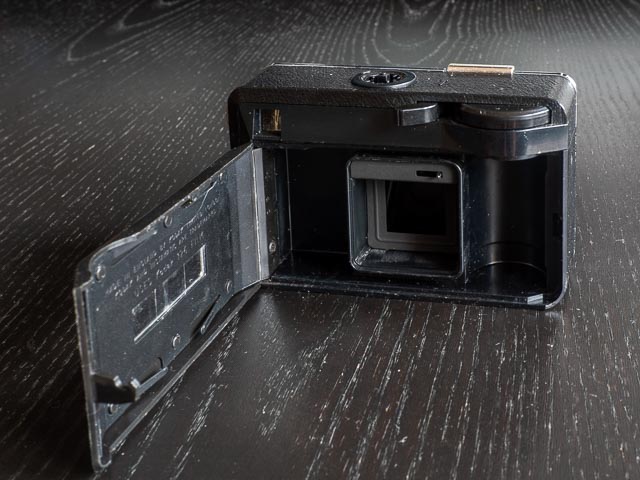 Kodak 255x Instamatic Camera with back open to show drop in film loading.