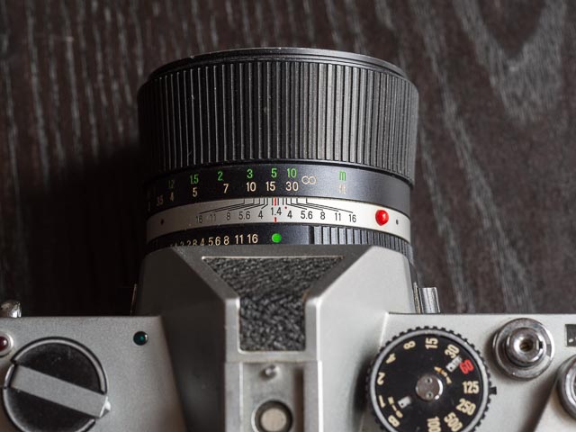 Mamiya/Sekor Auto XTL with 55mm f/1.4 lens mounted from the top