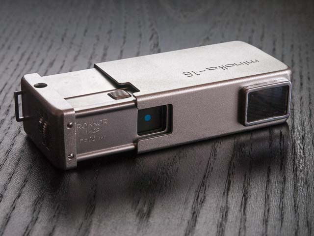 Minolta 16II camera open and ready for use