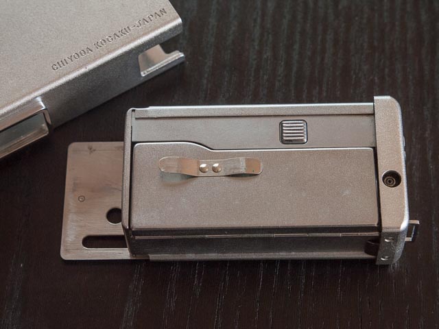 Minolta 16II with back removed showing film chamber lid