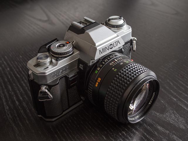 Minolta X-500 camera with the Minolta MD ROKKOR 85mm f/2.0 lens fitted