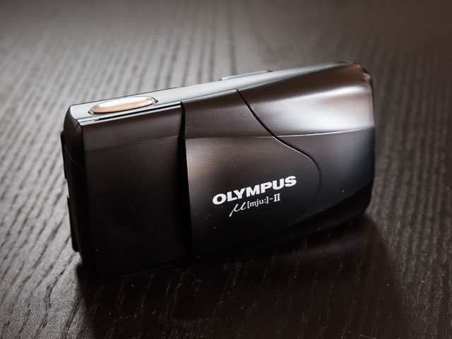 Olympus Mju II camera closed and ready for storage or transportation