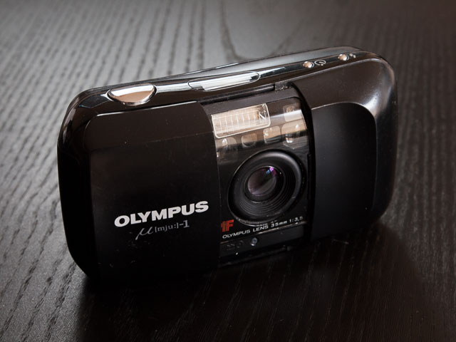 Olympus Mju camera opened and ready for use