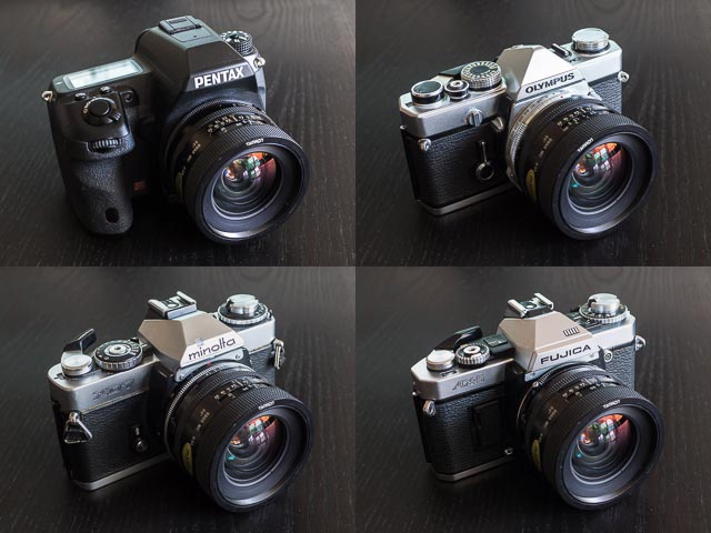 The Tamron Adaptall 2 24mm f/2.5 lens mounted on 4 different cameras